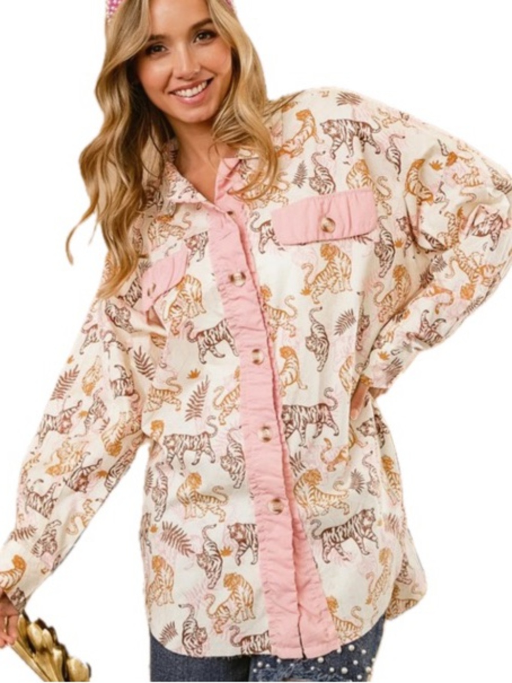 BiBi Cream Button-Down Shirt with Pink Trim and Tiger Print